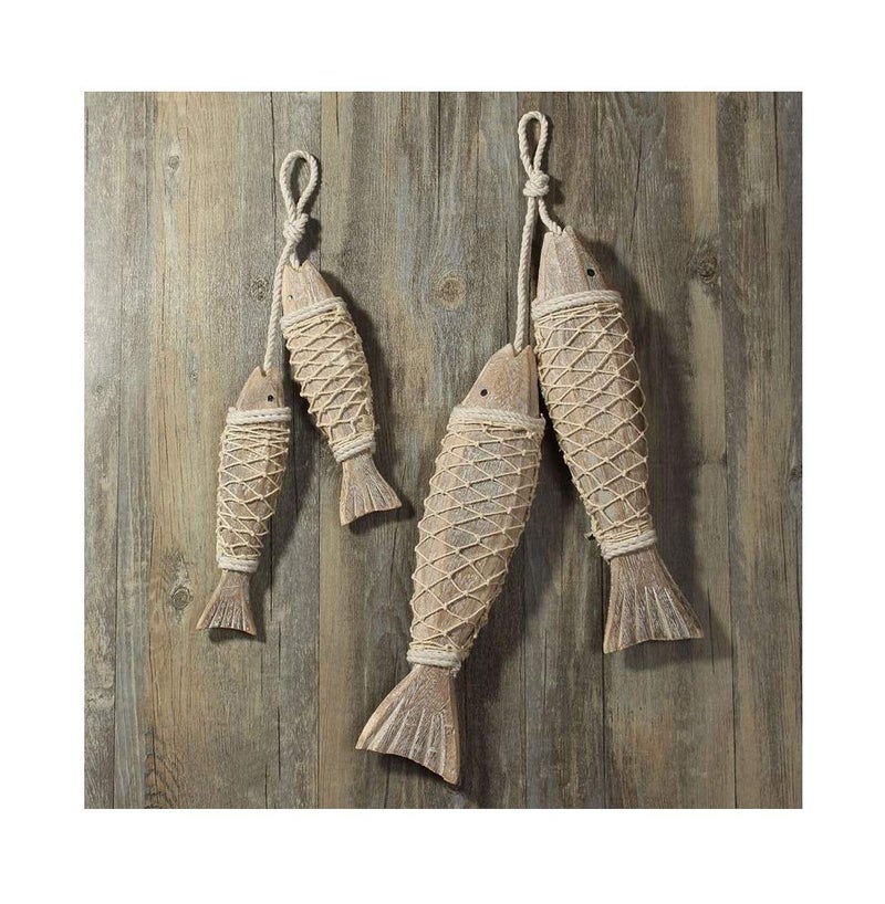 Attraction Design Rustic Nautical Wooden Fish Decor - 2 Set Wall Hanging Fish Sculptures for Bathroom, Bedroom, Lake House Decoration - Image 1